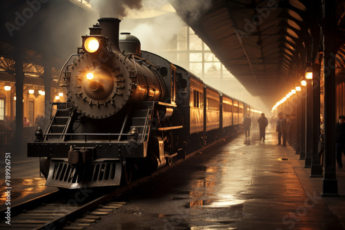 A steam locomotive sits in a station, ready to depart. photo