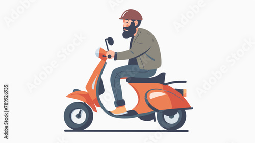 Man with beard riding retro scooter. Fast delivery. vector