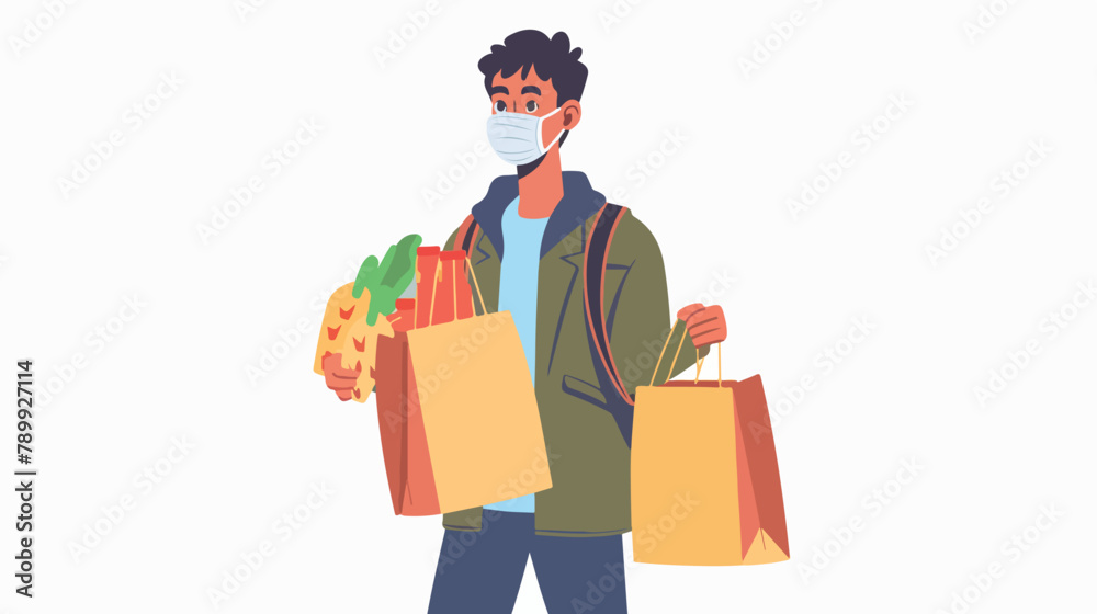Man with face mask holding grocery bags. Vector flat