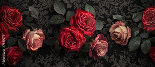 Wallpaper featuring an antiquestyle bouquet of beautiful roses, arranged on a black background with baroque patterns in an oldfashioned style photo