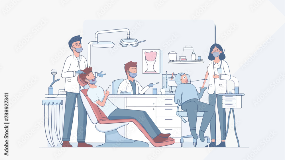 Dentists and patient in dentist office. Hand drawn st