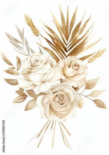 A soft golden beige color palette characterizes a floral bouquet comprising roses and tropical foliage, conveying serenity and elegance.  © Matthew