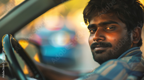copy space, stockphoto, close-up of a young indian taxi driver in his taxi. Male Indian taxidriver, sitting in his taxi, close-up portrait. Transportation theme. © Dirk