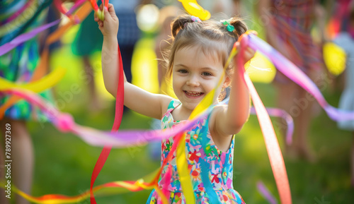 a young child playing with colorful paper at an outdoor party in the park, laughing and smiling as they hold out their hand to catch flying papers.