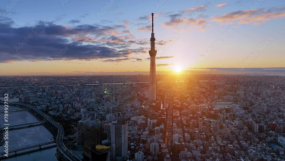 Tokyo sky tree, Tokyo city and Sumida river. Colorful morning scene of Japan, Asia. Traveling concept background.