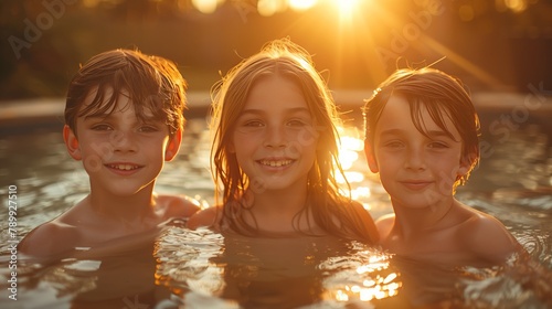 Three kids smiling and having fun bathing in a lake at sunset