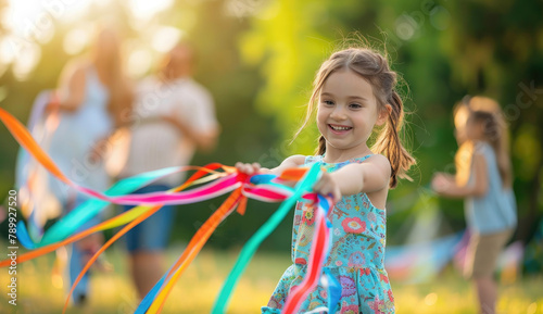 a young child playing with colorful paper at an outdoor party in the park, laughing and smiling as they hold out their hand to catch flying papers. photo