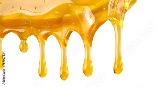 Viscous golden honey drips smoothly against a white background. Perfect for food advertising, a natural and sweet ingredient. High-quality, detailed image. AI