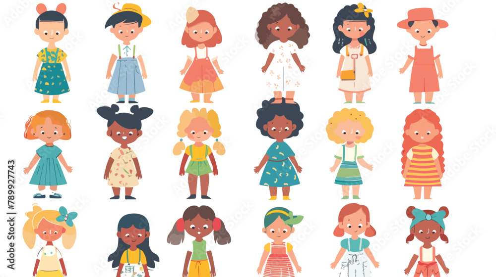 Diverse set of little girl. Hand drawn style vector d