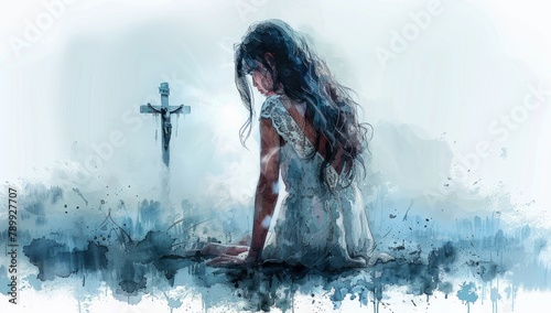 Young woman kneeling and looking at the cross in the sky. Digital watercolor painting.