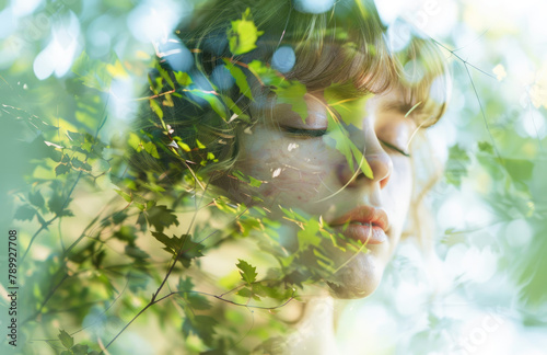 A double exposure photograph of an woman's face with foliage and tree branches, symbolizing growth in the natural world