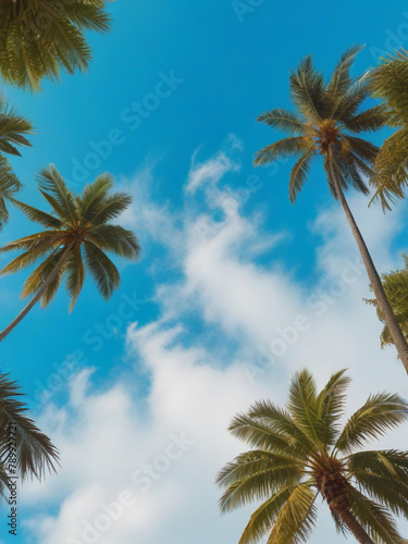 generative ai, Sunny Tropical Beach With Palm Leaves And Paradise Island © Akang
