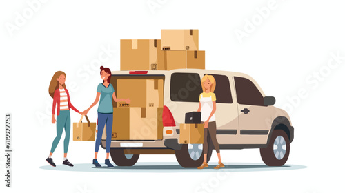 Man woman and girl hold boxes. Moving house. SUV car