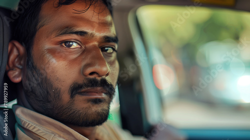 copy space, stockphoto, close-up of a young indian taxi driver in his taxi. Male Indian taxidriver, sitting in his taxi, close-up portrait. Transportation theme.