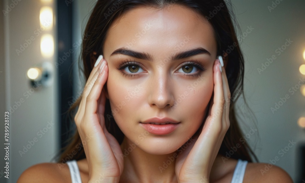 photograph beautiful woman is touching her face photograph beautiful woman is touching her face
