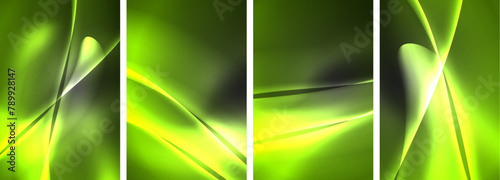 Vivid green and yellow abstract images featuring liquid patterns, resembling terrestrial plant shapes. Macro photography captures intricate tints and shades, creating a mesmerizing art piece