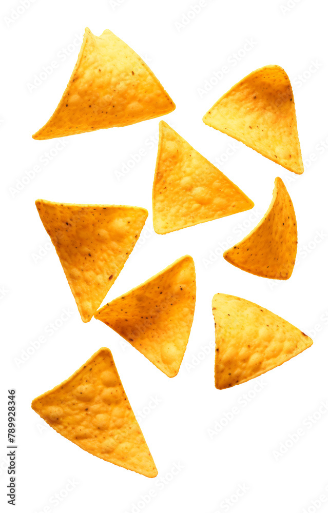 Flying delicious Mexican nachos chips on white background Flying delicious Mexican nachos chips on white background