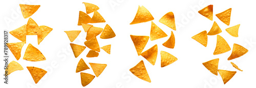 Flying delicious Mexican nachos chips on white background