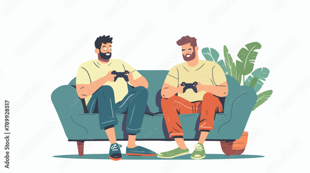 Men playing videogame on the sofa. Vector flat style