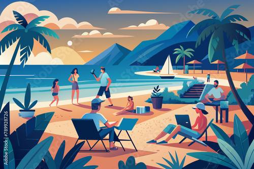 Tropical Beach Resort Lifestyle with Vacationing People Illustration