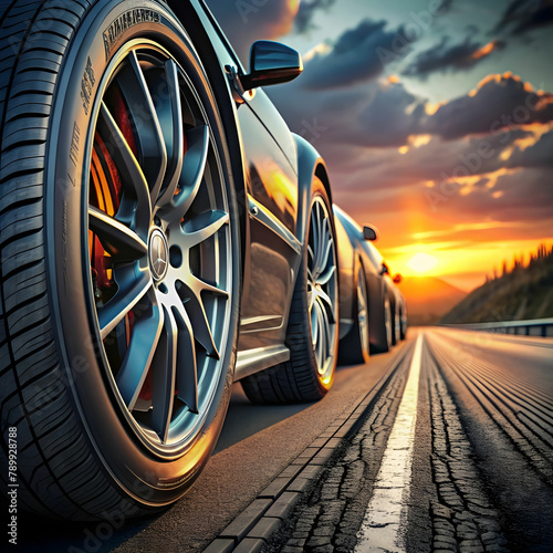 closeup of the tyres of sports cars on the roada photo