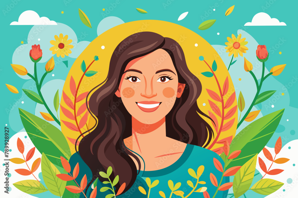 Vibrant Illustrated Portrait of Smiling Woman with Floral Background Vibrant Illustrated Portrait of Smiling Woman with Floral Background