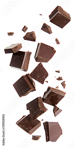 Pieces of dark chocolate falling close up on a white background