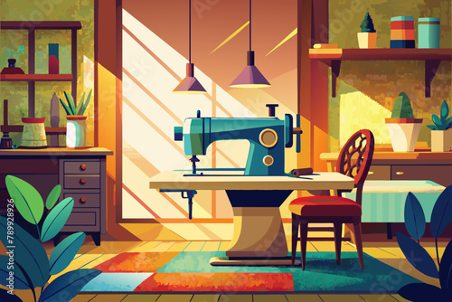 Cozy Craft Room with Vintage Sewing Machine and Sunlight
