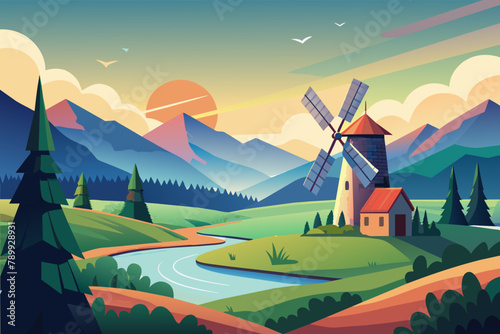 Idyllic Countryside Landscape with Windmill at Sunset