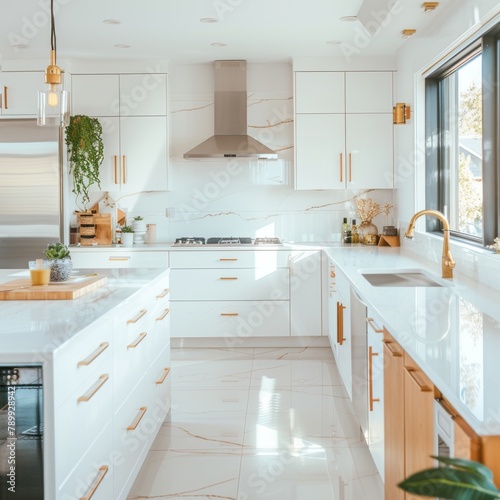 A kitchen with white cabinets and a white countertop. The kitchen has a modern design with a lot of white and gold accents. The sink is located in the right side of the kitchen