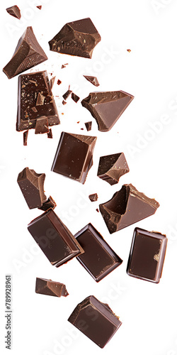 Pieces of dark chocolate falling close up on a white background