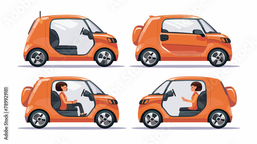 Micro car two angle set. Car with driver woman side Vector