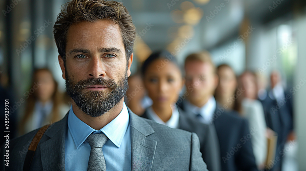 1. Corporate Office: A line of neatly dressed individuals snakes its way through the lobby of a sleek corporate office building, each person clutching a portfolio and wearing a mix