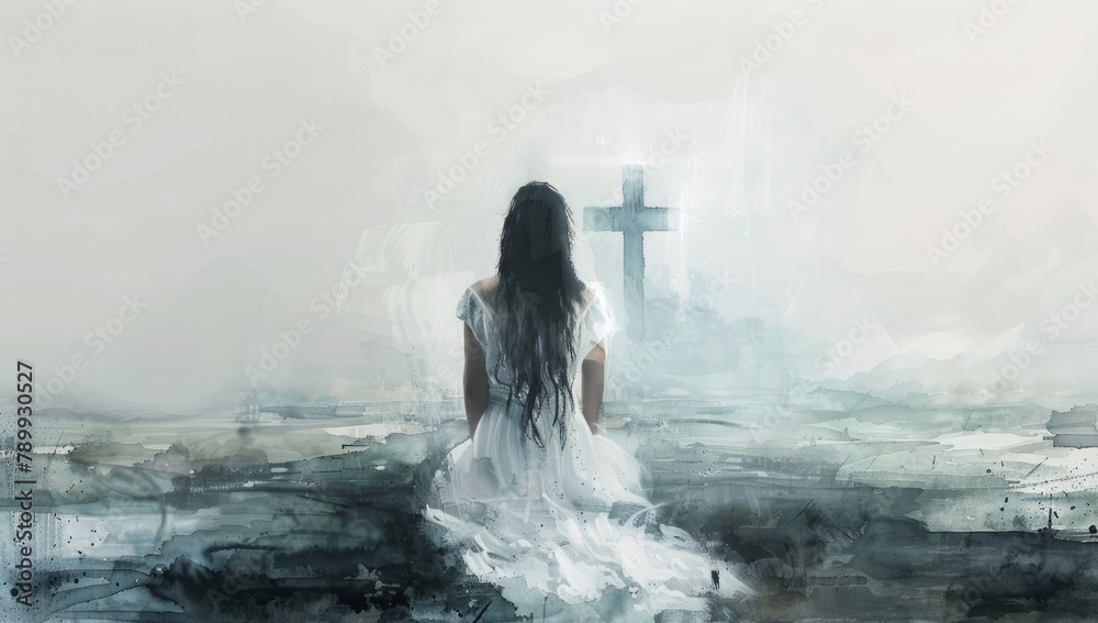 Obraz premium Young woman kneeling and looking at the cross in the sky. Digital watercolor painting.