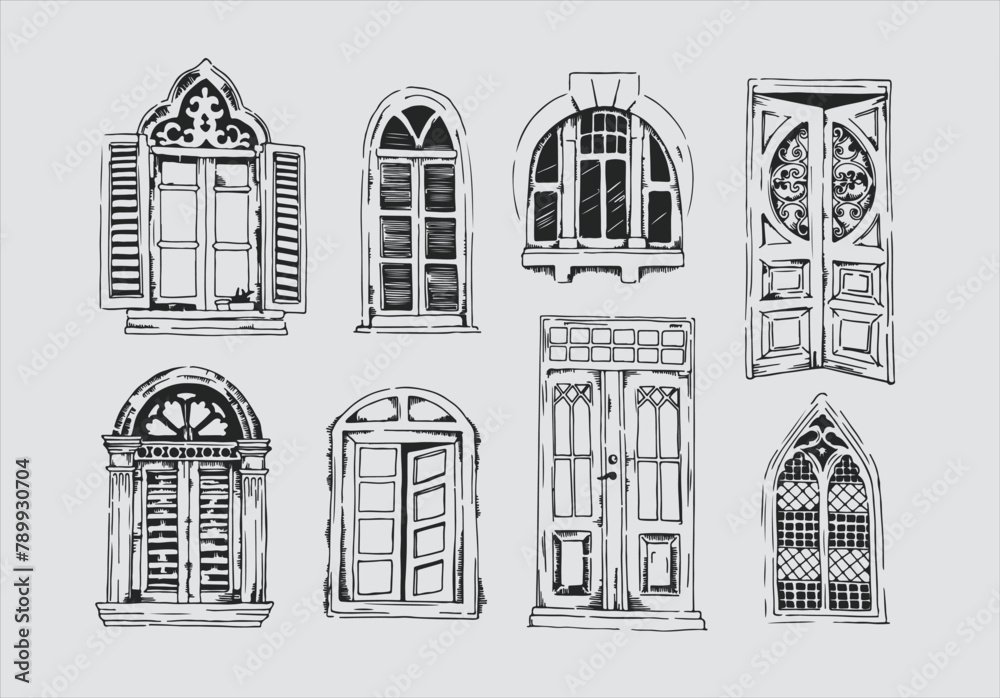 Set of different closed windows and doors isolated on white background. Vector hand drawn doodle illustration. Set of different closed windows and doors isolated on white background. Vector hand drawn doodle illustration.