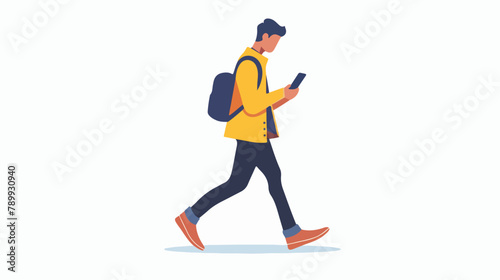 Person walking with mobile phone in hands. Young man