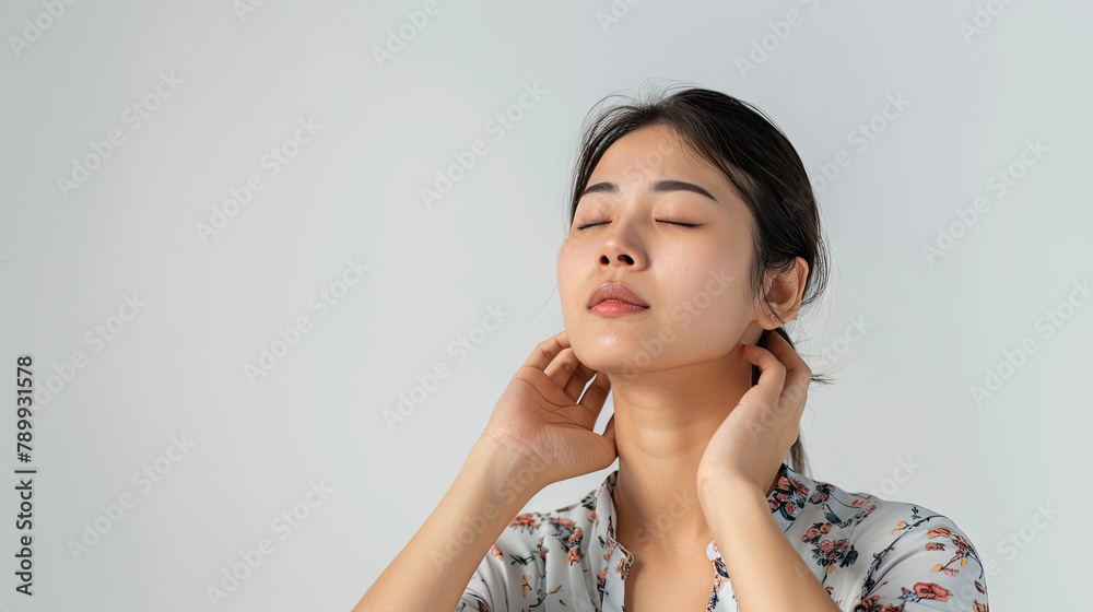 Asian woman has problem with structural posture She had neck and back pain Asian woman has problem with structural posture She had neck and back pain