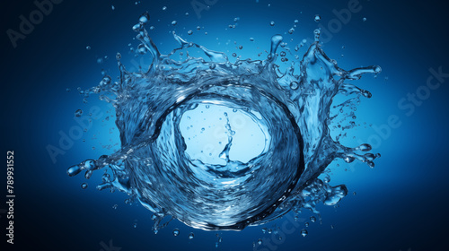 Circular water splash in the center on blue background