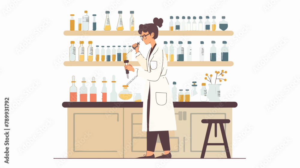 Female scientist working in lab. Hand drawn style vector