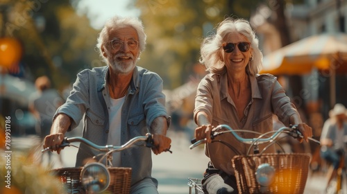Elderly couple rides bicycles with bright smiles in an urban environment, showcasing health, vitality, and happiness in their golden years. © AS Photo Family