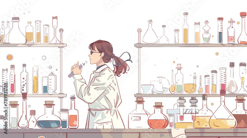 Female scientist working in lab. Hand drawn style vector