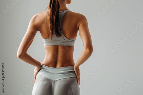 A close-up of a yoga dress model's hips and back