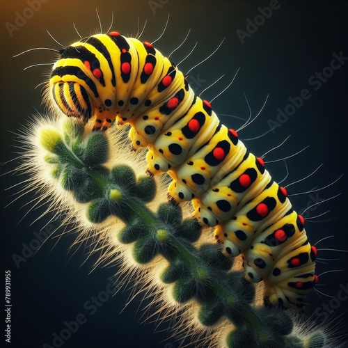 Close-up of caterpillar walking on head of closed flower
 photo