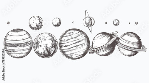 Planets lined up in row. Solar system drawn in monoch photo