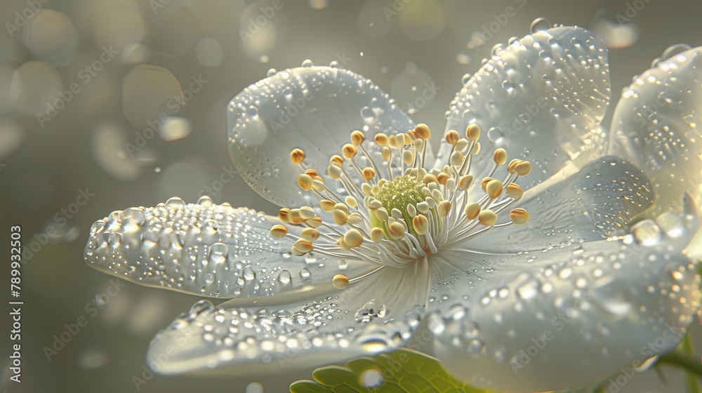 A tight shot of a white flower, droplets of water clinging to its petals, and a green leaf positioned prominently in the foreground A tight shot of a white flower, droplets of water clinging to its petals, and a green leaf positioned prominently in the foreground