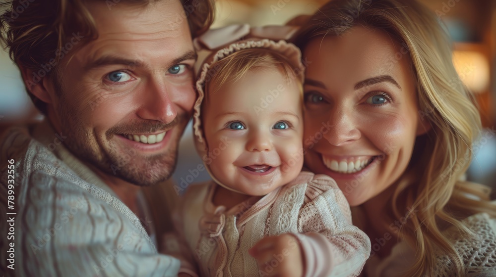 Delightful family portrait depicting a happy couple with their baby in a cozy homely setting, sharing a joyful moment of unconditional love and happiness. Delightful family portrait depicting a happy couple with their baby in a cozy homely setting, sharing a joyful moment of unconditional love and happiness.