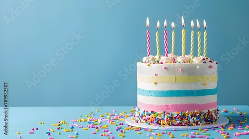  Birthday cake with white cream cheese frosting decorated with multicolored lit candles on a blue background. Happy Birthday concept. Tradition of making a wish while blowing Ai generated 