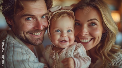 Delightful family portrait depicting a happy couple with their baby in a cozy homely setting, sharing a joyful moment of unconditional love and happiness.