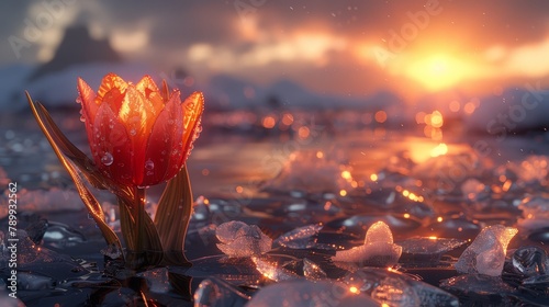  A macro shot of a floating bloom above mirrored water, dotted with ice cubes, and backdropped by a setting sun