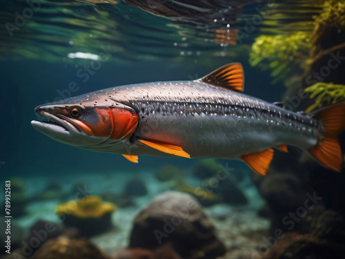 Salmon Swimming In Natural Habitat Underwater Photography Style 300 PPI High Resolution Image